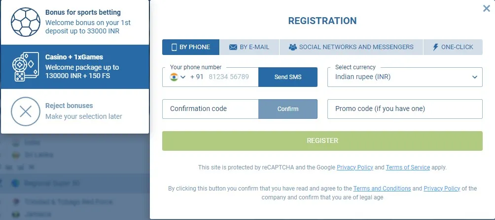 Formulir pendaftaran 1xBet