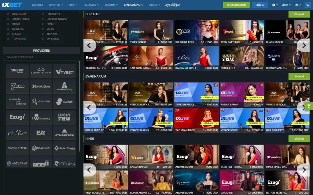 Permainan dealer langsung di 1xBet