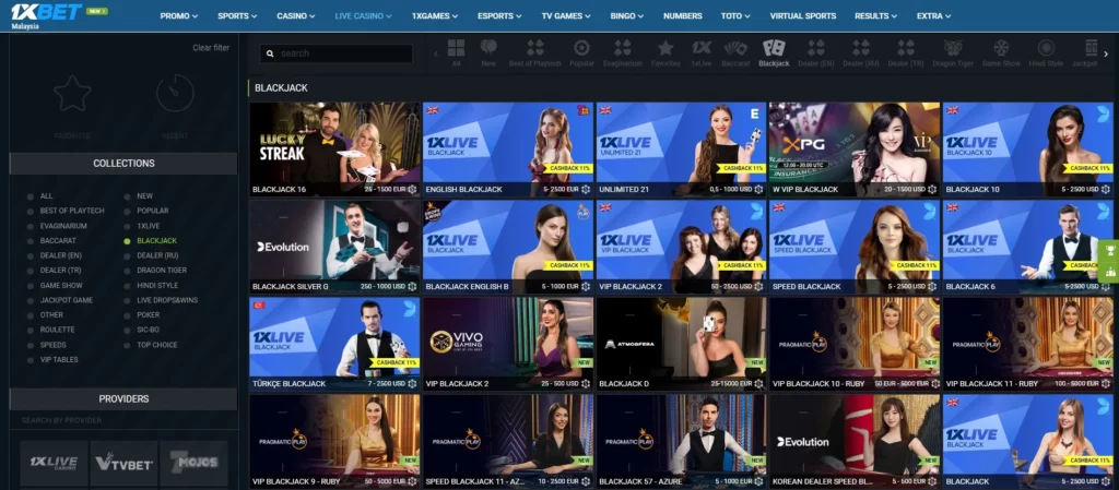 BlackJack dengan dealer langsung di 1xBet Indonesia
