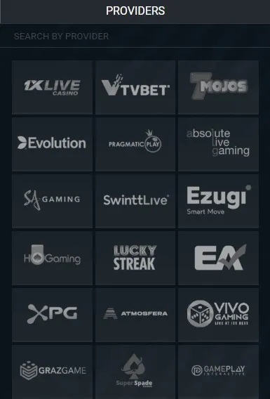 Penyedia permainan di 1xBet Live Casino Indonesia