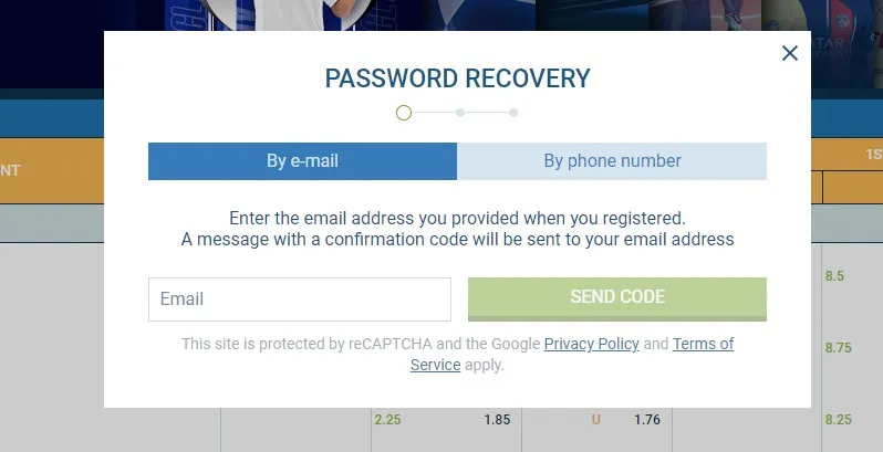 Pemulihan kata sandi 1xBet