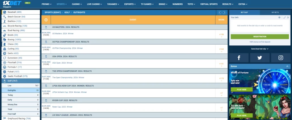 Opsi Taruhan Golf di 1xBet Indonesia