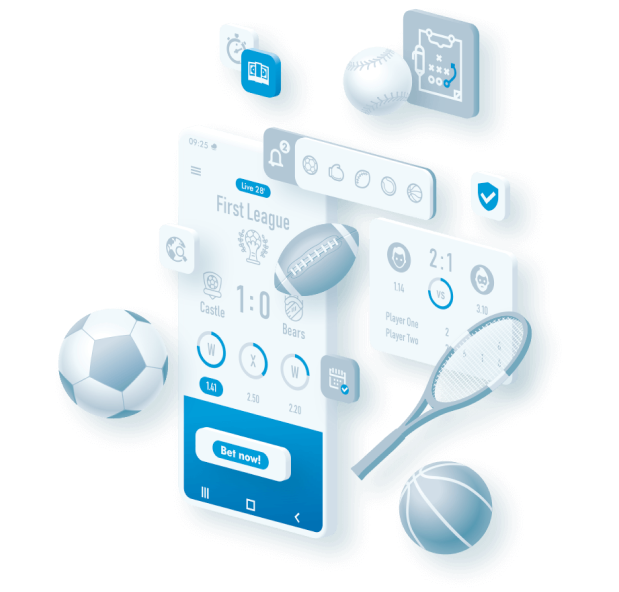 Mobile interface for 1xBet Sports Betting with live scores and football, tennis and basketball icons