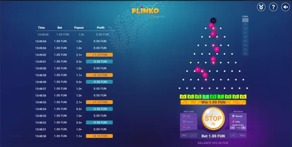 Pratinjau permainan Plinko di 1xBet